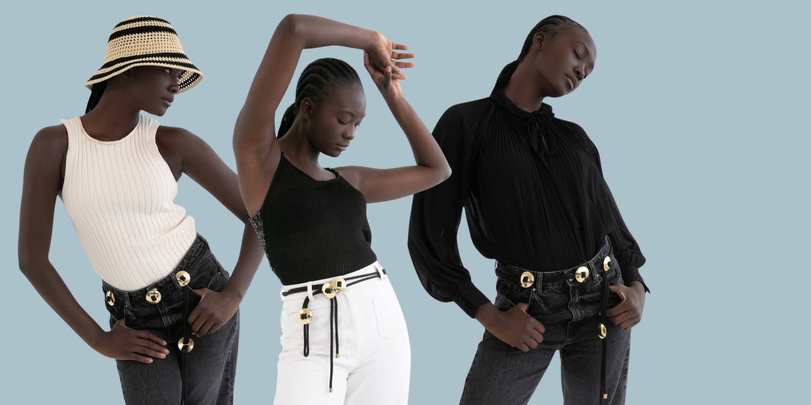 Three people wearing stylish outfits with belts on a light blue background