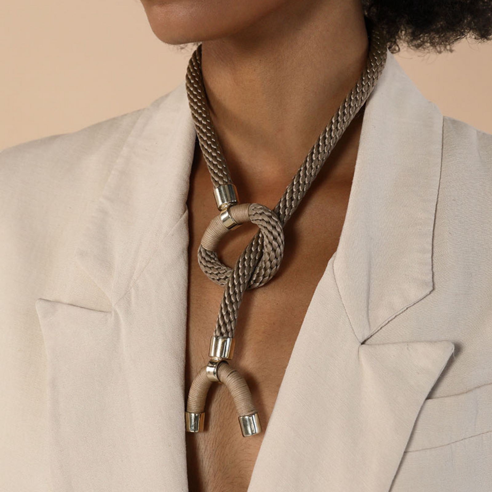 Pichulik | Rope and Brass Astarte Horn Necklace Beige 